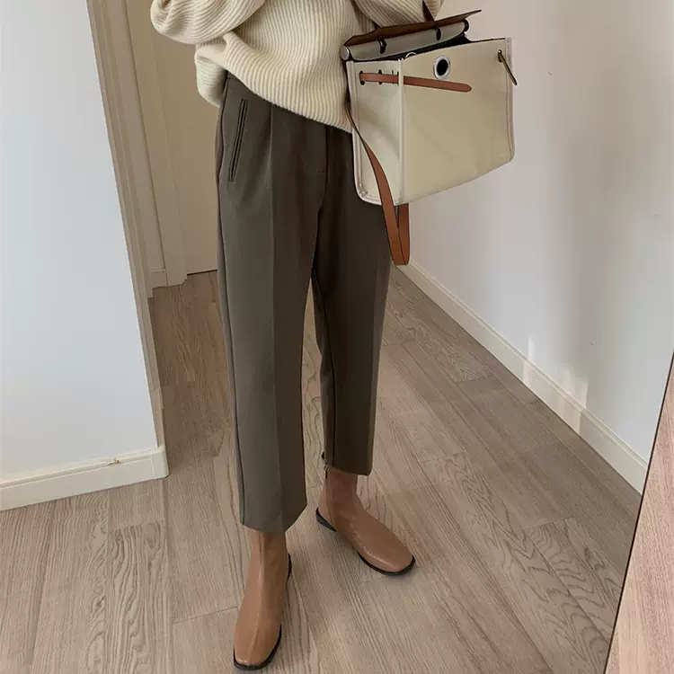 咖色西装裤女秋冬宽松垂感直筒烟管裤大码高腰九分萝卜直筒烟管裤