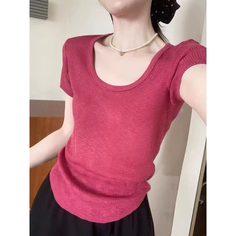 Большой U-образный воротник тонкое плечо T тонкий шерстяной трикотаж