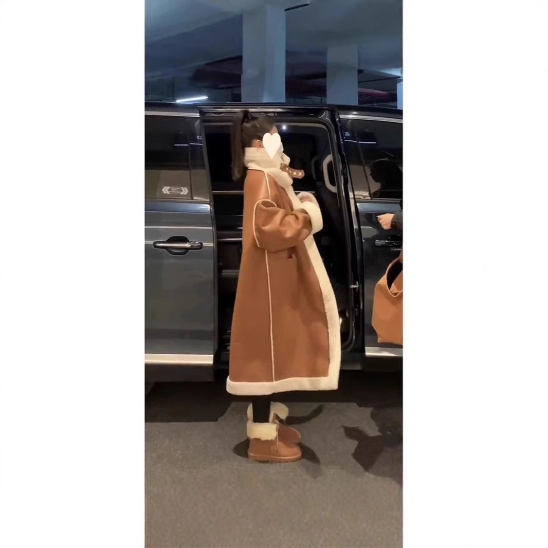코트 겨울 새 한국식 올매치 롱 양면 모피 원피스 미립자 캐시미어 두꺼운 램스울 코트