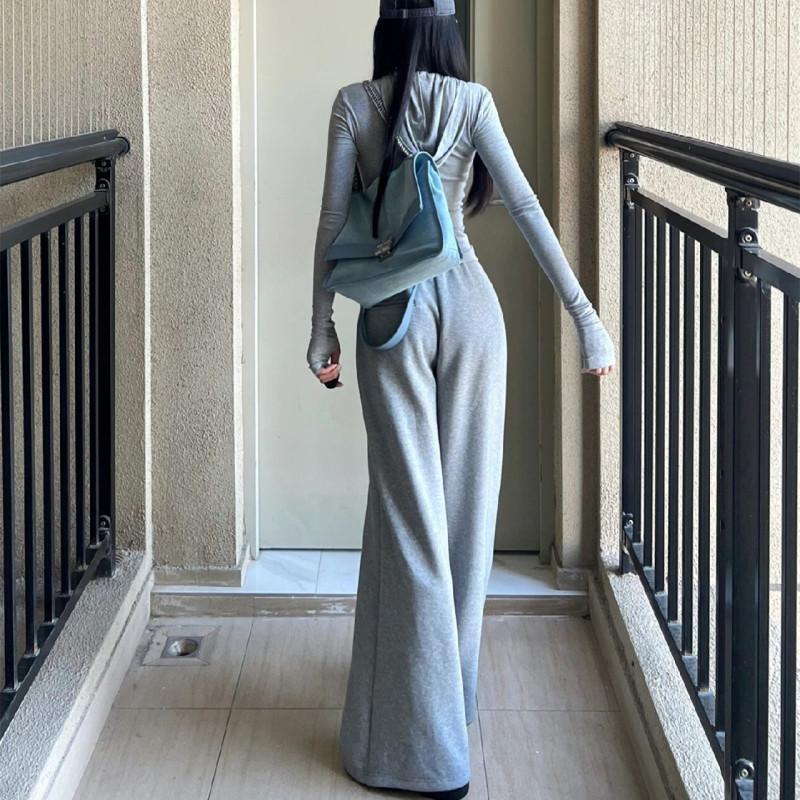 灰色のひもの広い足のズボンの女性の2024年の春の高い腰のまっすぐな筒の怠惰な風のゆったりしているレジャーのスポーツの衛のズボン|undefined