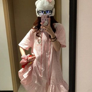 Girl's Sweet Cute Cartoon Plaid Hello Kitty Nightdress Women's 2025 Summer New Loose Casual Short Sleeve Nightdress
