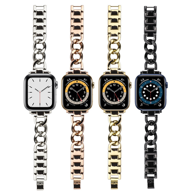 適用蘋果iwatch 8單排牛仔鍊表帶Apple Watch765SE小香風鏈式鋼帶