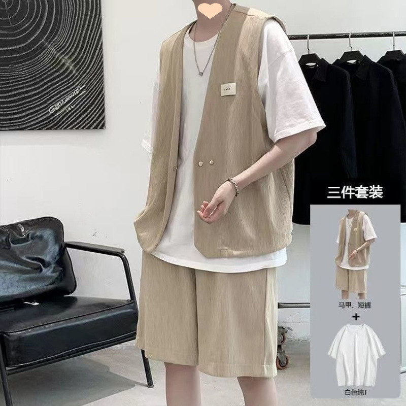 痞帅西服马甲三件套装冷淡风感男装一套搭配韩版帅气成熟批发