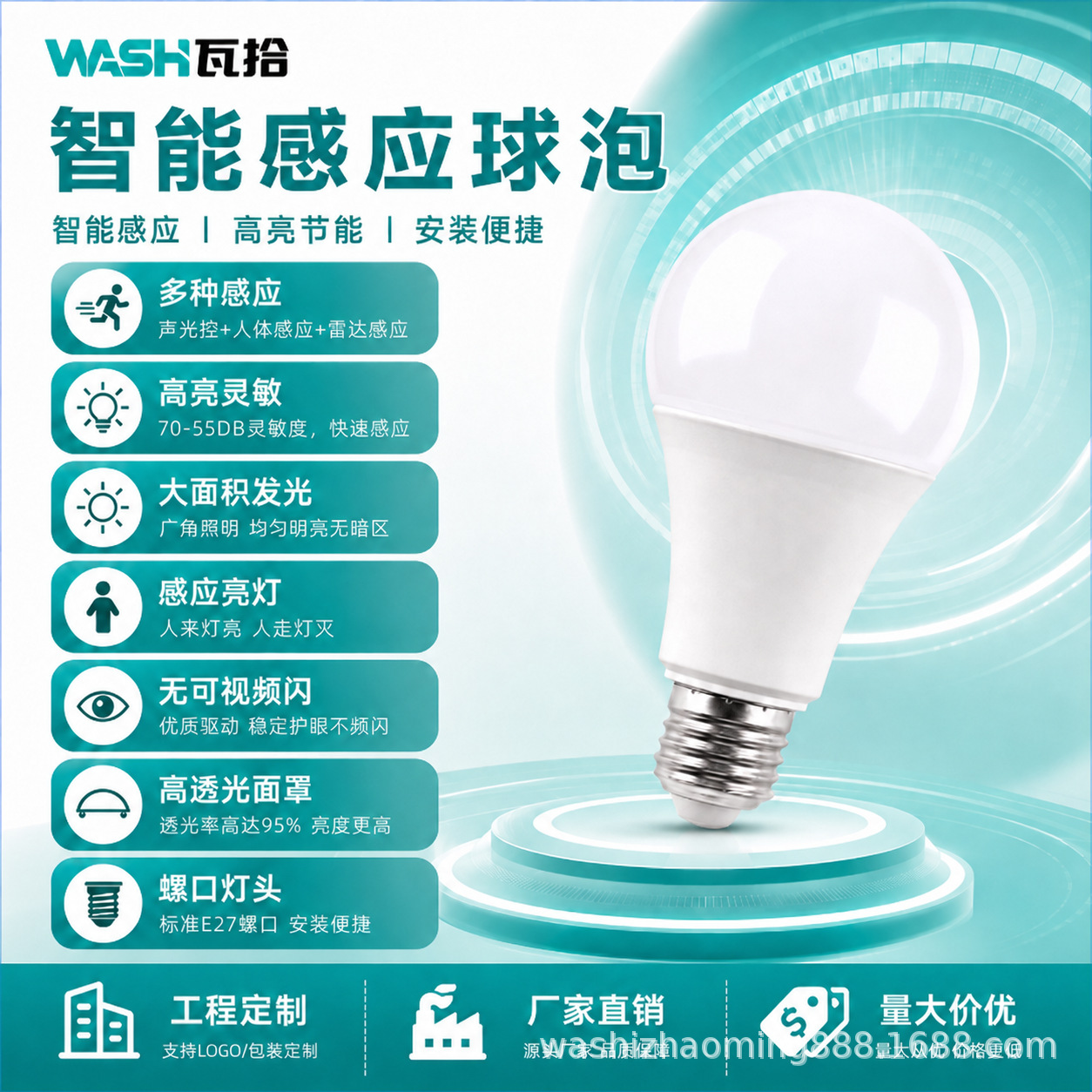 Fábrica directa al por mayor control acústico óptico humano radar inteligente inducción LED bombilla doméstica ahorro de energía e27 bombilla de tornillo