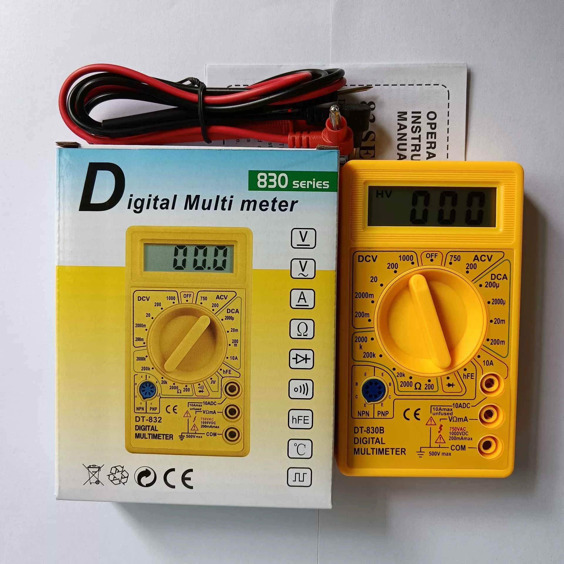 DT-830B Цифровой мультиметр Универсальный ручной мультиметр Желтый с аккумулятором