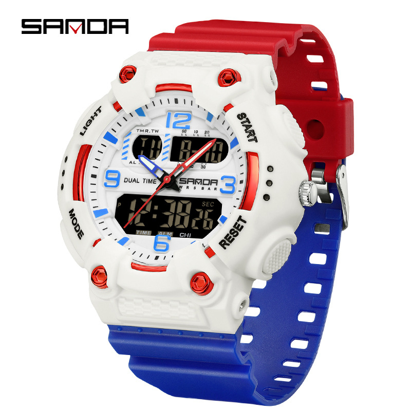 SANDA reloj juvenil de moda color contraste doble pantalla reloj multifuncional para hombres y mujeres estudiantes reloj electrónico de luz nocturna