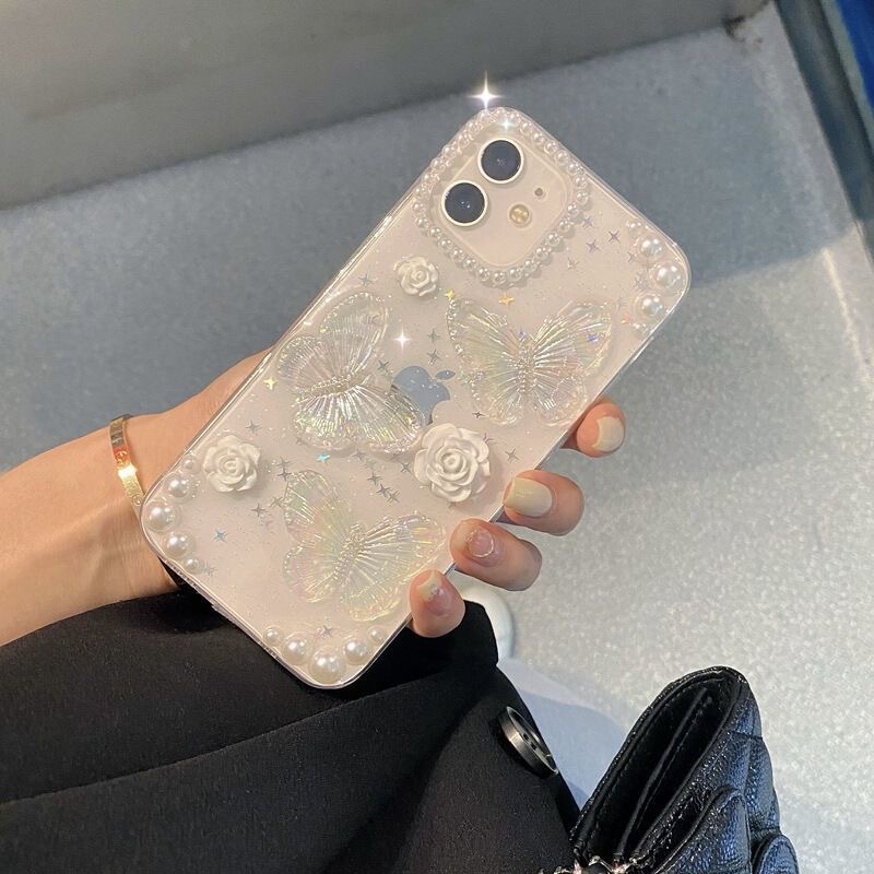 French Vintage Dropping Glue Stereo Pearl Flower Butterfly 14/15ProMax Apple 13pro/12 Phone Case 16