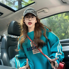 春秋季条纹拼接薄款卫衣女慵懒风字母印花胖mm宽松气质高街上衣潮