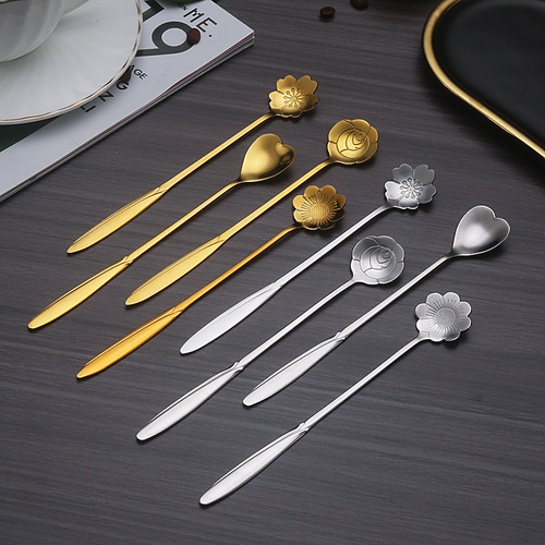 Stainless steel golden cherry blossom spoon, creative heart-shaped spoon, sunflower spoon, coffee spoon, dessert spoon, stirring spoon, bird's nest spoon