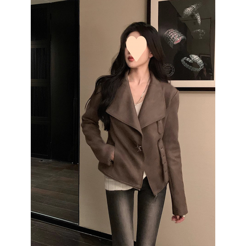 美式復古麂皮絨機車夾克女裝春秋季新款辣妹風大翻領氛圍感短外套