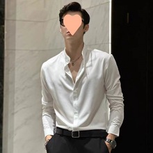 新中式立领长袖衬衫男士早春新款衬衣感冰丝垂感中袖衬衫