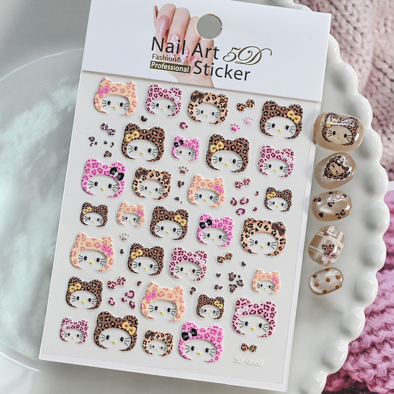 New Nail Art Sticker Jewelry Cute Leopard Print Cartoon Kt Cat Bow Adhesive Stereo 5D Embossed Nail Sticker