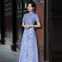 Daily Ao Dai Новый китайский стиль Улучшенный национальный стиль Длинный ретро-синий весенне-летний Cheongsam