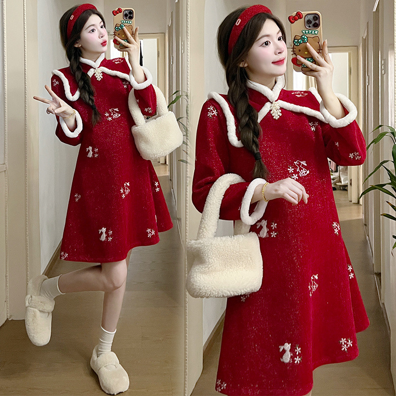 임산부 드레스 가을 겨울 신상품 중국식 붉은 치파오 플러스 벨벳 두꺼운 드레스 복고풍 외출복
