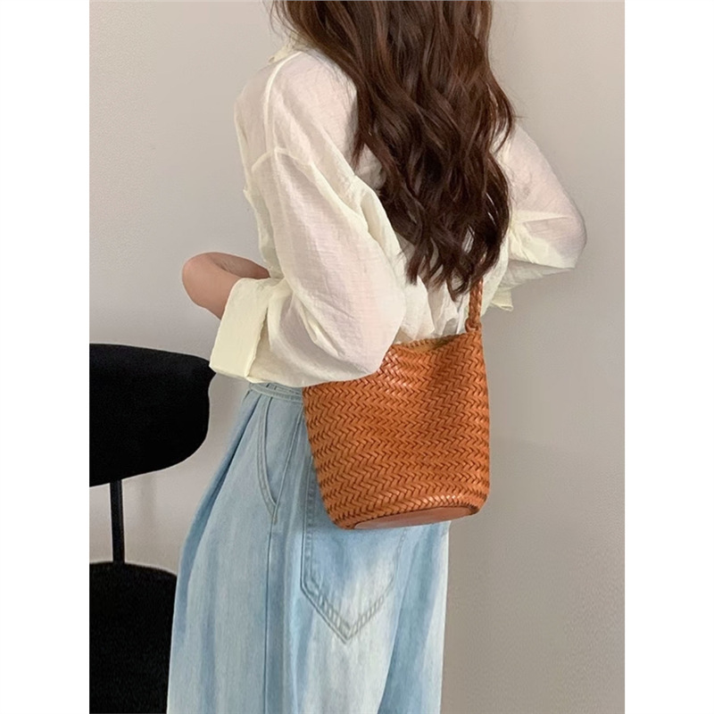Hand-Woven Bucket Bag For Women, Large Capacity Luxury Genuine Leather Tote, Handbag, Shoulder And Crossbody Bag - Thumbnail 2