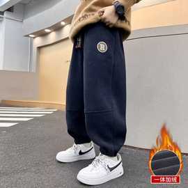 男童冬季加绒裤子秋冬款2024新款儿童棉运动裤一体绒中大童厚卫裤