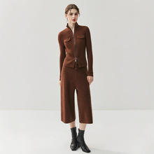 秋冬新款山羊绒衫女高领开衫双头拉链胸前假口袋针织紧身外套套装