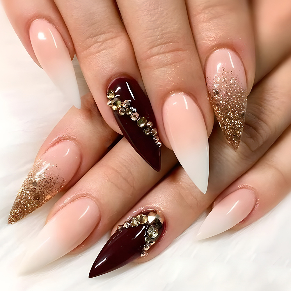 Uñas postizas de estilo europeo y americano, muy vendidas en el comercio exterior, parches de uñas con purpurina color borgoña, pegatinas de uñas falsas con diamantes de imitación dulces