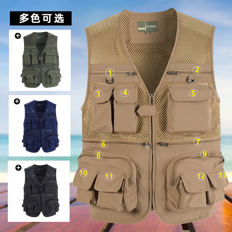 Chaleco de malla para hombre, verano al aire libre de secado rápido, gasa hueca delgada, chaleco de fotografía de múltiples bolsillos, más hipertrofia