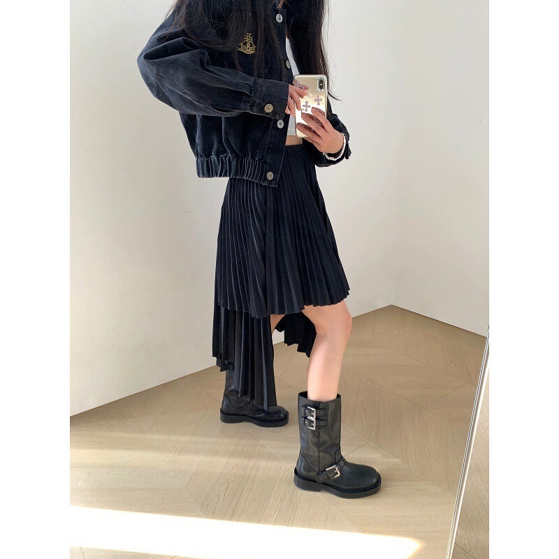 牛皮版水洗皮烟筒靴子显瘦搭扣短靴女增高厚底瘦瘦靴春秋骑士靴女|undefined