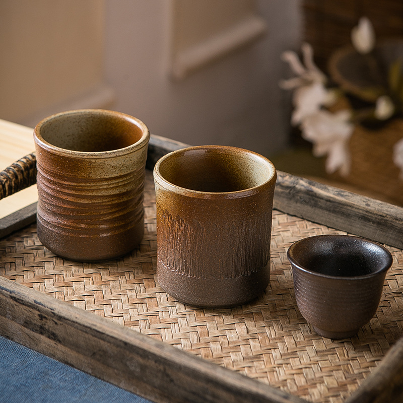 復古粗陶品茗杯功夫茶具茶室中式茶杯茶盞手工螺紋主人杯陶瓷杯子