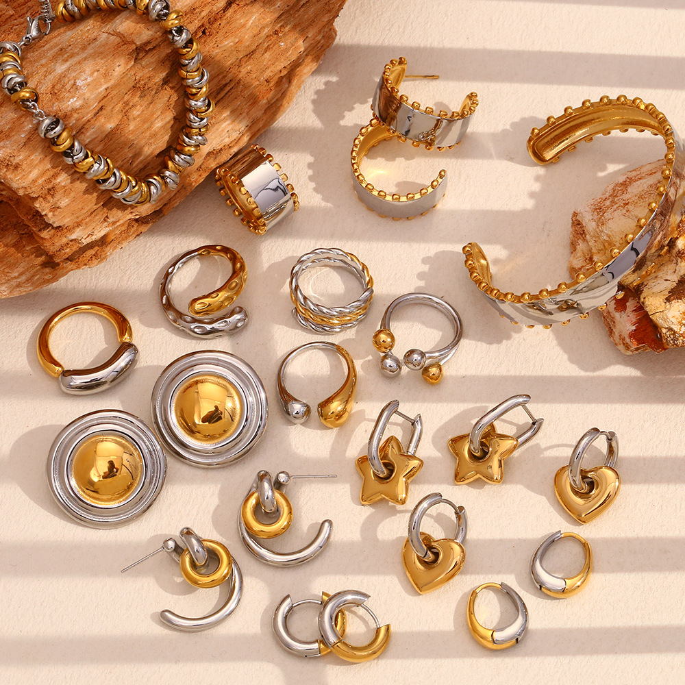 European and American fashion temperament personality high-class gold earrings stainless steel plated 18K gold vintage exaggerated bracelet ring women