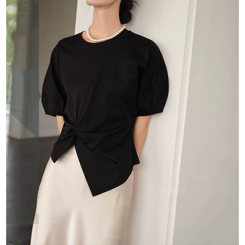 in stock factory wholesale horse cotton du special kink irregular waist bubble sleeve cotton T-shirt short sleeve women