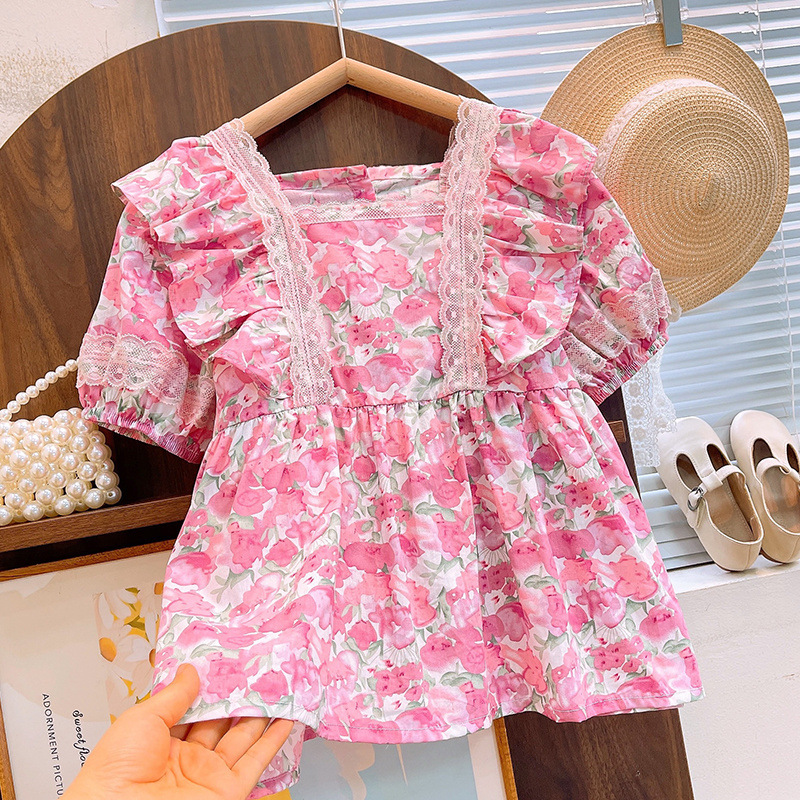 로즈 핑크 플로럴 탑 반소매