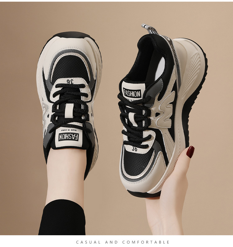 Giày sneaker nữ chunky đế dày phối màu gấu trúc, mặt da thoáng khí xuân hè 2025 — JST 7043m gót đỏ cao 5.5cm, JST 7025m màu xám, chiều cao gót 4,5cm + chiều cao bên trong tăng 0,6cm, JST 1803m đế đơn màu đen cao gót 5.0cm, JST 2139- 1m cà phê nhung gót cao 4.0cm chi tiết 5