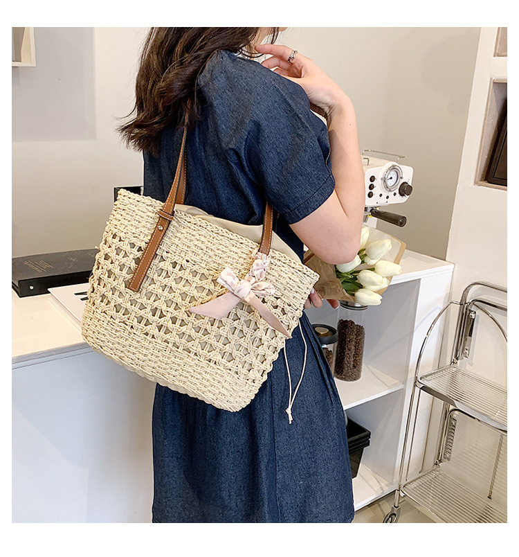Casual Style Ribbon Large Capacity Drawstring Woven Straw Tote Bag display picture 2