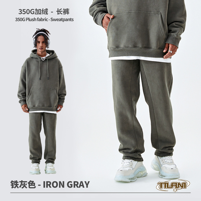 Conjunto deportivo unisex, sudadera con capucha y pantalón, forro polar grueso 350g, moda europea y americana