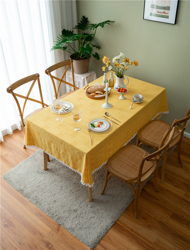 French Romantic Cotton Cut Flower White Pom-Pom Tablecloth Rectangular Coffee Dining Cloth Table Cover_voghion.com