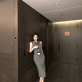 2026实拍夏季灰色一字领中长款连衣裙女收腰通勤裙子