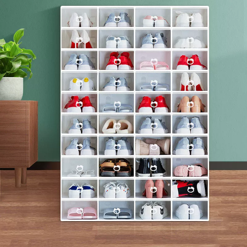 Drawer shoe box, cat‑style, plastic with transparent front, stackable, small and large