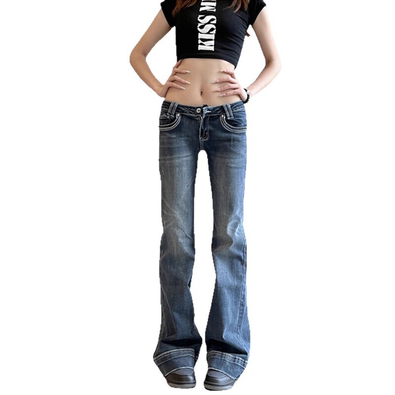 Dark Blue Washed Versatile Bootcut Jeans for Women 2025 Spring and Autum Low-Waist Slim Slim Casual Floor-Length Pants