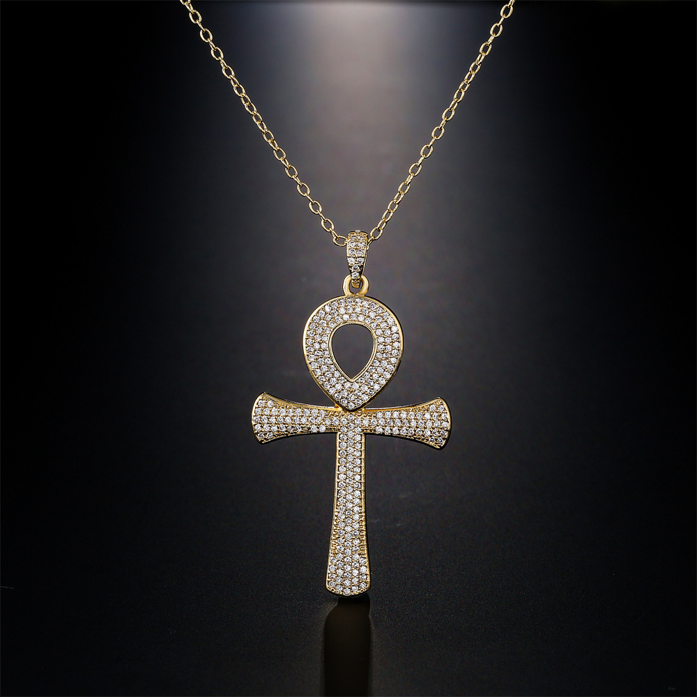 Retro Fashion Anka Cross Pendant Copper Plated Real Gold Zircon Necklace Religious Jewelry display picture 2