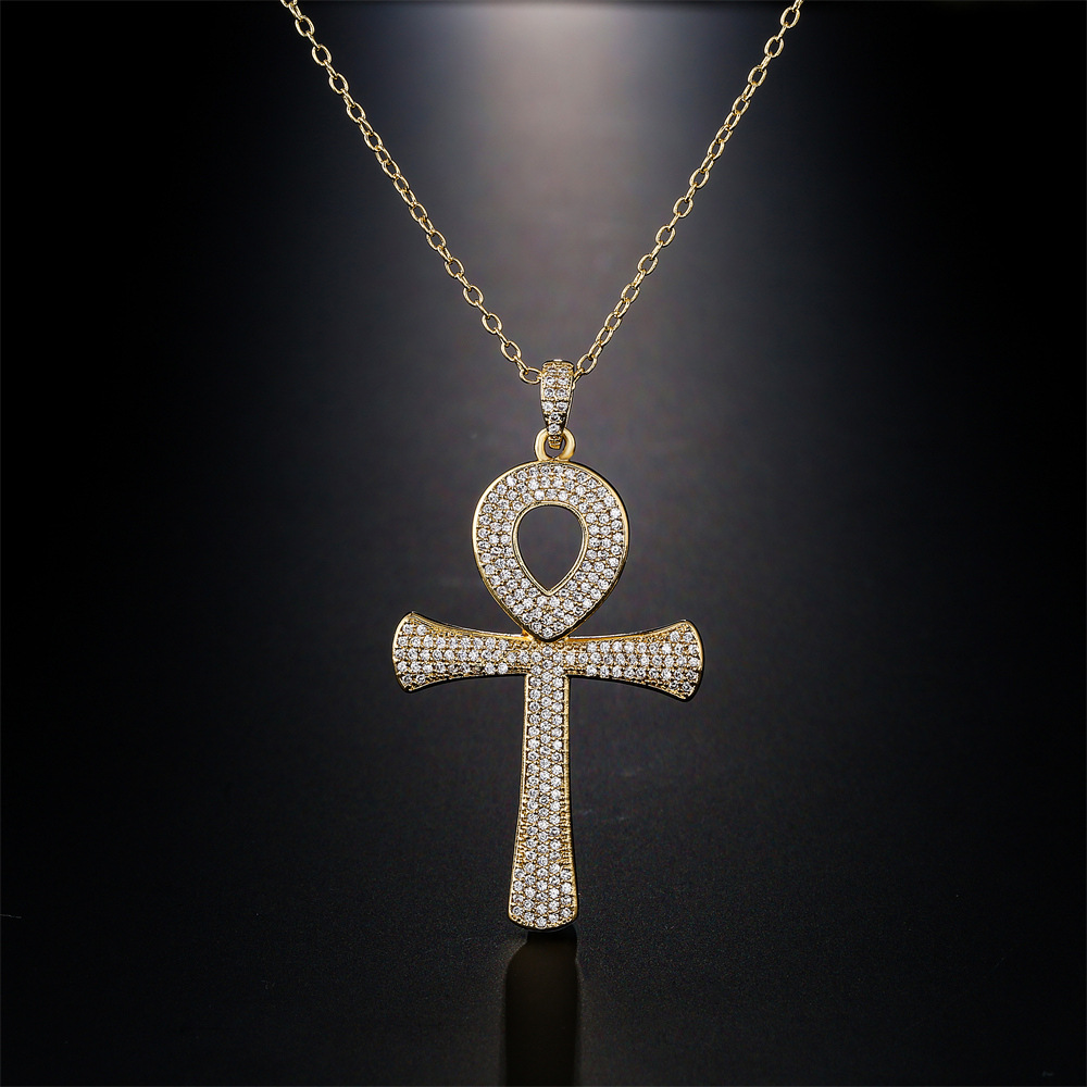 Retro Fashion Anka Cross Pendant Copper Plated Real Gold Zircon Necklace Religious Jewelry