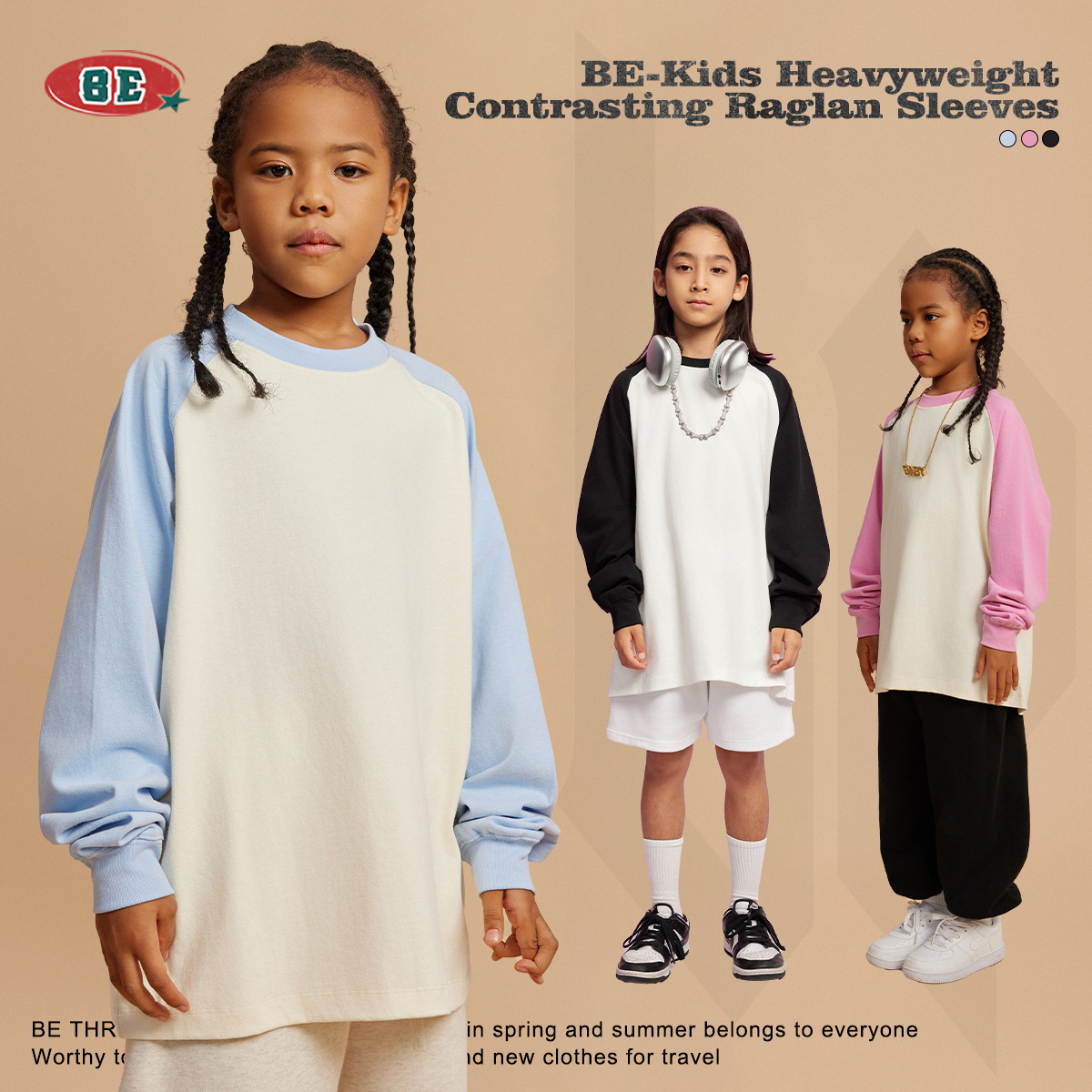 Ropa infantil BE | Camiseta de Manga Larga para Niños, Color Block, Estilo Raglán, Algodón Puro, Primavera-Otoño 2025, Marca Americana Retro de Moda, Holgada image 5