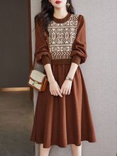 秋冬小个子连衣裙女装拼接新款复古气质时尚大码长袖针织长裙