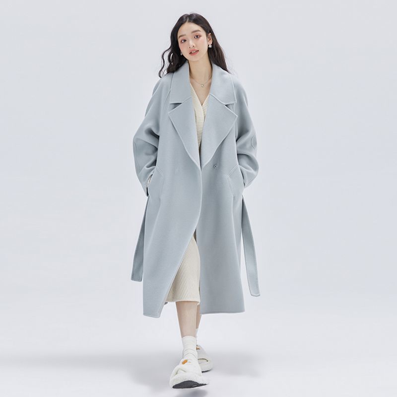 Korean High-end Blue Woolen Coat Women's Autumn and Winter 2024 New Explosions Small Woolen Coat Mid-length