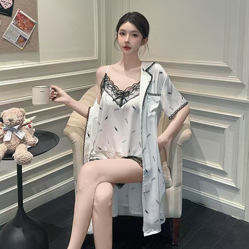 New Women's Printed Lace Sexy Pajamas Spring and Summer Sling Shorts Hollow Back Pajamas Nightgown Three-piece Suit