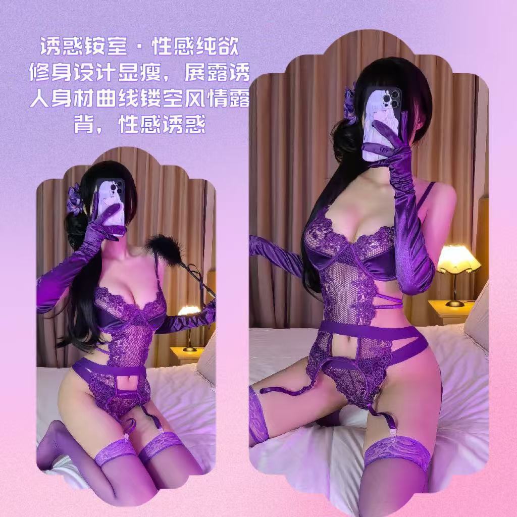 Purple Maid Roleplay Lingerie Set with Steel Rings, Stockings and Gloves — detail image 2