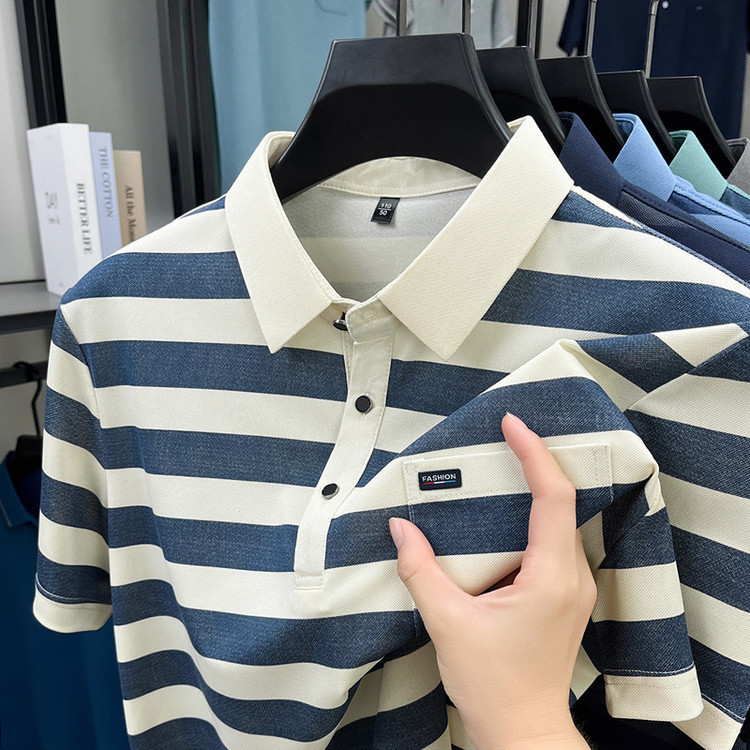 夏の新作メンズ半袖Tシャツ中年紳士本物のポケットストライプ半袖ラペルTシャツメンズ外国貿易|undefined