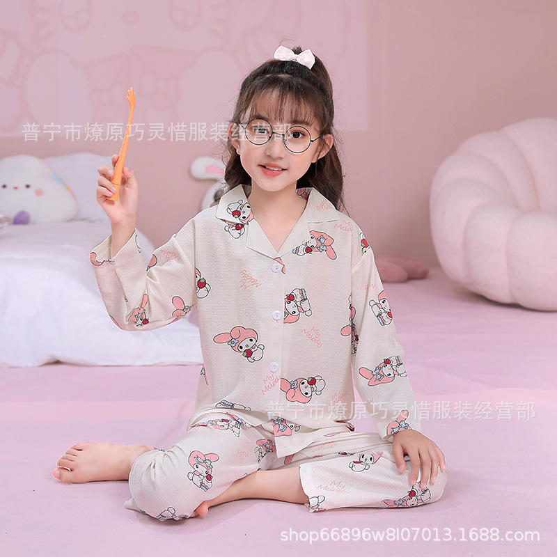 Pijama de niñas primavera y otoño dibujos animados tela espuma de tela delgada manga larga lindo ropa para niños de tamaño medio y grande ropa para el hogar