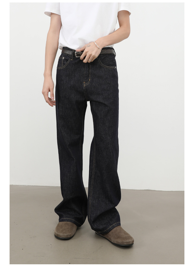 Nirben Denim High Volume Colorfast Raw Denim Jeans For Men Slightly Flared Loose Fit Black Blue_viptrois.com