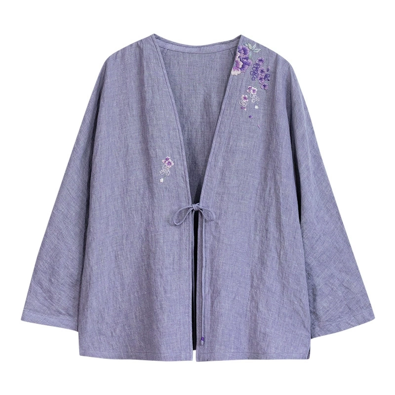 Осень 2023 новая льняная куртка с пасторальной вышивкой, Женская универсальная чайная одежда в стиле ретро на шнуровке, Повседневная Солнцезащитная рубашка