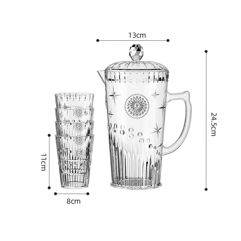 PET transfronterizo una variedad de tetera de agua fría plateada en oro, una olla de cuatro tazas con plato de sandía rojo, blanco y café bebida