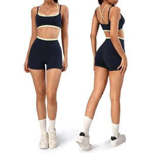AYM043883 Polka Dot Contrast-Trim Cross-Back Yoga Set High-Waist Butt-Lifting 3/4 Shorts 2-Piece Aoyema wholesale