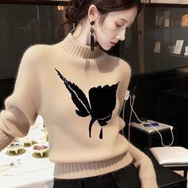 卡其色半高领印花针织软糯毛衣秋冬女新款慵懒感冬季穿搭上衣