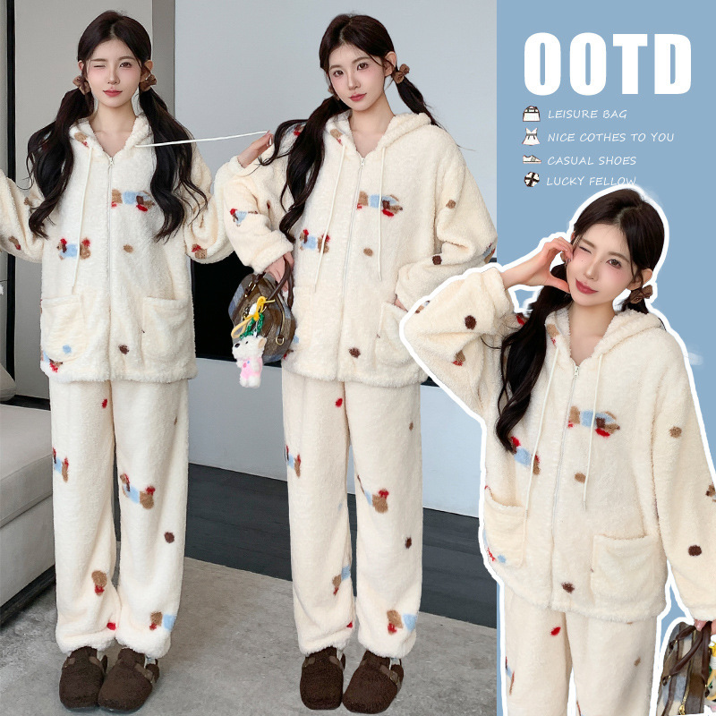 Pregnant Women 2025 Winter Cartoon Plush Hooded Suit to Keep Warm during Pregnancy, Cute, Loose and Comfortable Two-Piece Set for Home and Outing